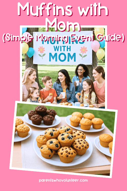 Mothers and their young children sit together at a picnic table in a sunny park for a “Muffins with Mom” school event, with a large banner and pastel balloons behind them. The group smiles and enjoys muffins and drinks, creating a warm, cheerful atmosphere.
An assortment of freshly baked muffins, including blueberry, chocolate chip, chocolate, and plain varieties, arranged on white plates on a wooden outdoor table with a beige cloth. The scene is sunlit with green grass blurred in the background.