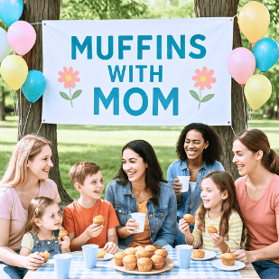 Mothers and their young children sit together at a picnic table in a sunny park for a “Muffins with Mom” school event, with a large banner and pastel balloons behind them. The group smiles and enjoys muffins and drinks, creating a warm, cheerful atmosphere.