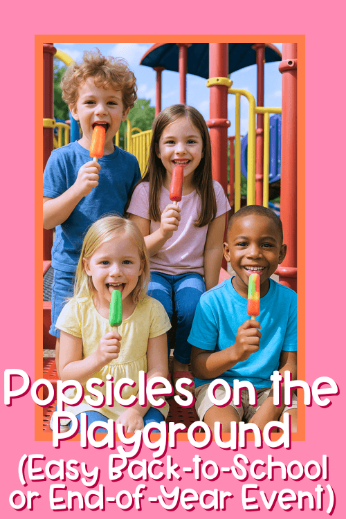 Four young children sit on a colorful playground structure on a sunny day, smiling and eating brightly colored popsicles. The vibrant playground equipment and clear blue sky create a cheerful, summery atmosphere.