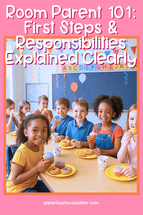 A group of elementary school children sit at classroom tables enjoying a party hosted by a room parent with cupcakes, donuts, and colorful decorations. Bright banners and balloons hang above a chalkboard, and the kids smile and eat treats in a cheerful, festive setting.