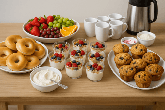 breakfast bar setup featuring bagels with cream cheese, yogurt parfait cups, fresh fruit, assorted muffins, and a coffee station arranged on a clean buffet table for a school staff appreciation event