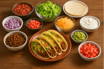 image of a taco lunch bar spread with ground meat, onions, diced tomatoes, salsa, guacamole, chopped lettuce, shredded cheese, tortillas and sour cream