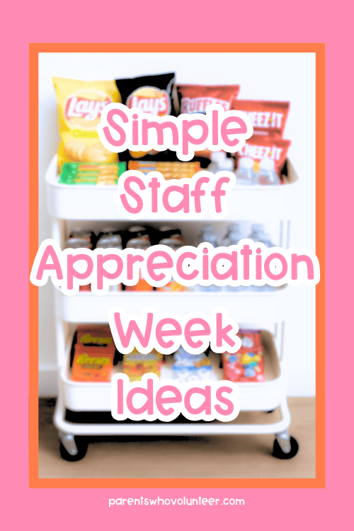 three-tier rolling snack cart filled with teacher treats, including bags of chips, granola bars, bottled water, canned sodas, fruit snacks, and assorted candy, arranged neatly for a school staff appreciation week event