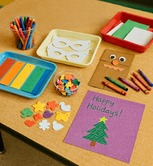 A class party craft table filled with pre-cut supplies, including colorful paper bookmarks, foam sticker shapes, white paper masks, a paper bag puppet, crayons, holiday card materials, and small trays of craft pieces, arranged neatly on a light wooden surface with a chair and tan brick wall in the background.